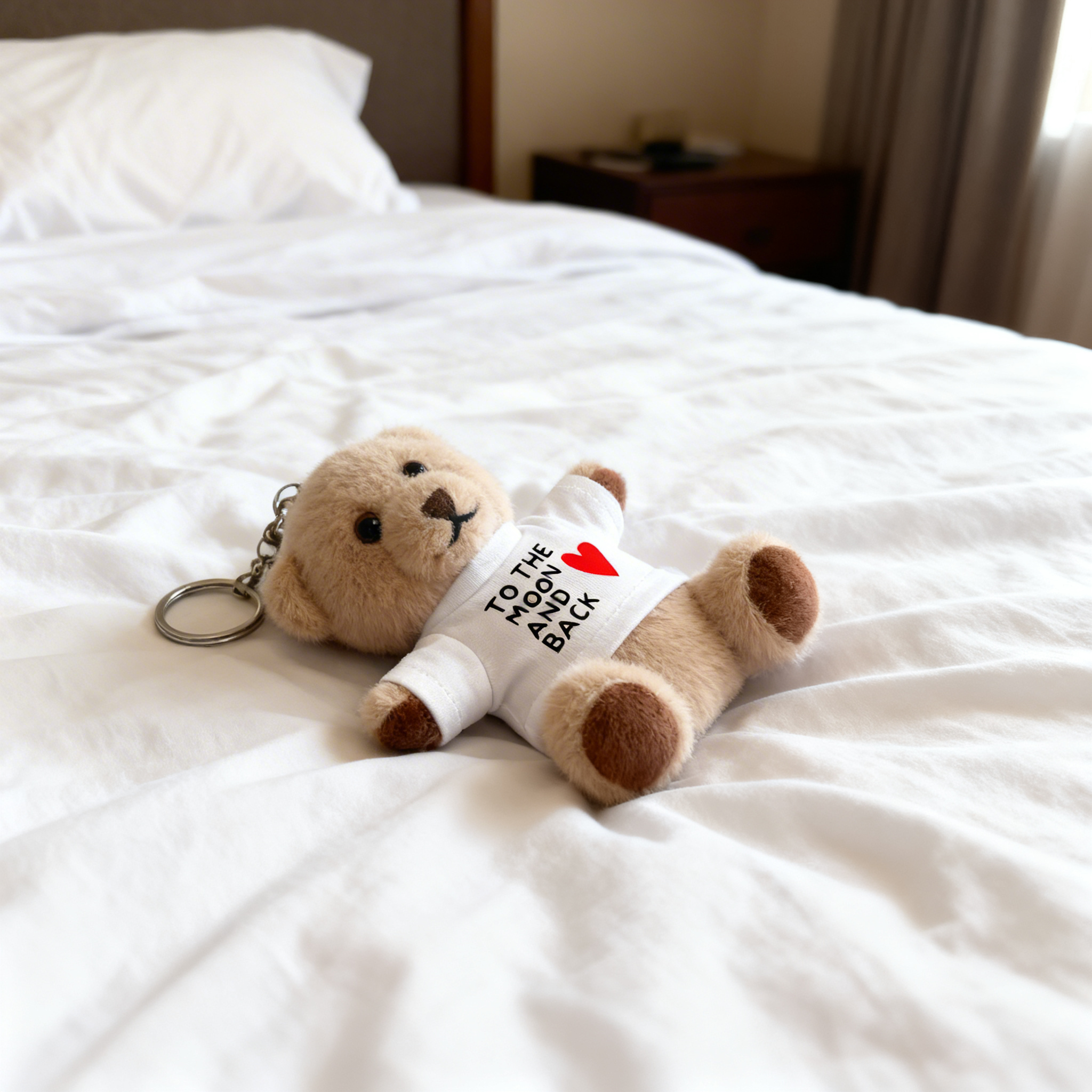 Teddy Anhänger auf einem weißen Bett mit Herz auf der Brust 