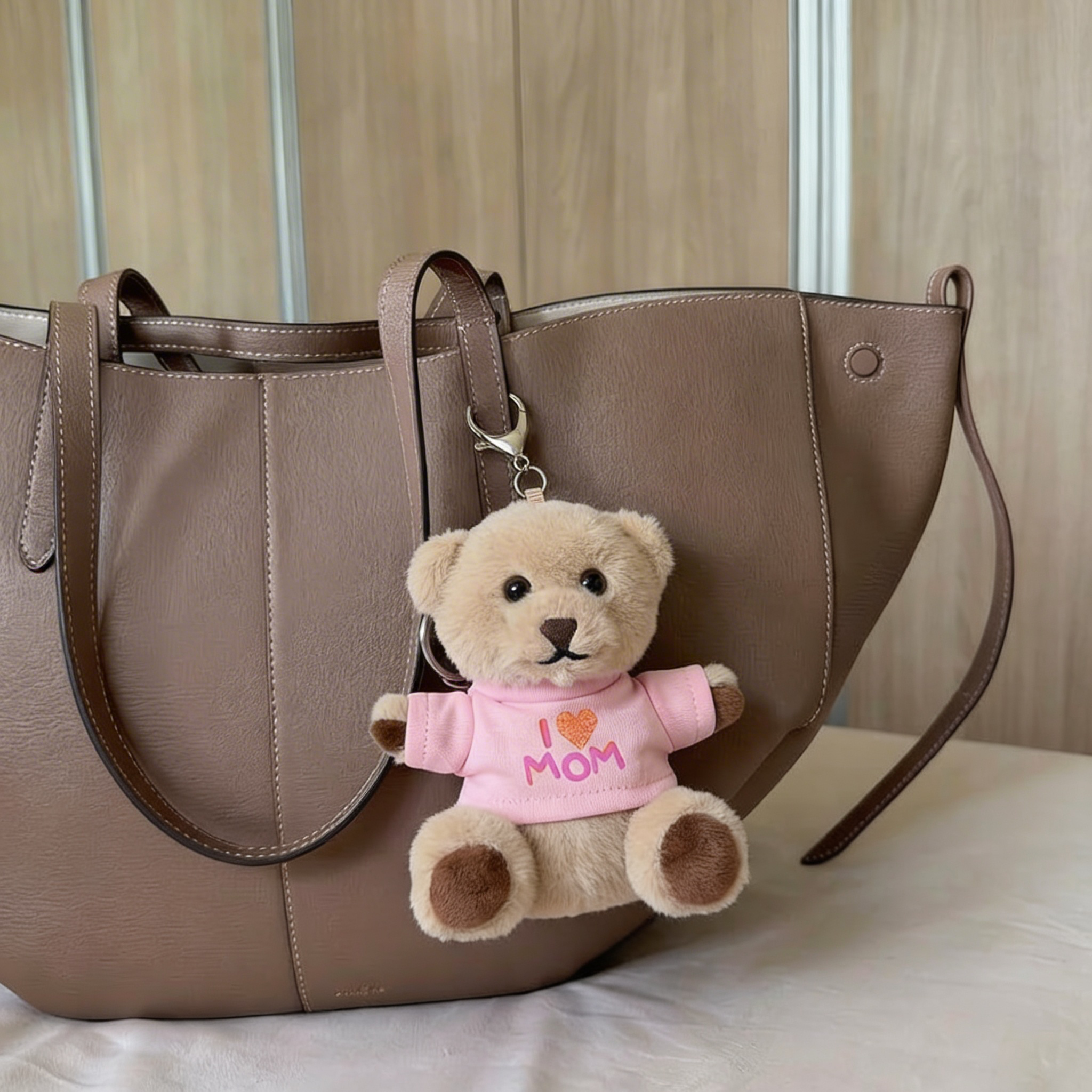 Kuscheltier Teddy an einer braunen Tasche hängend in Pink 